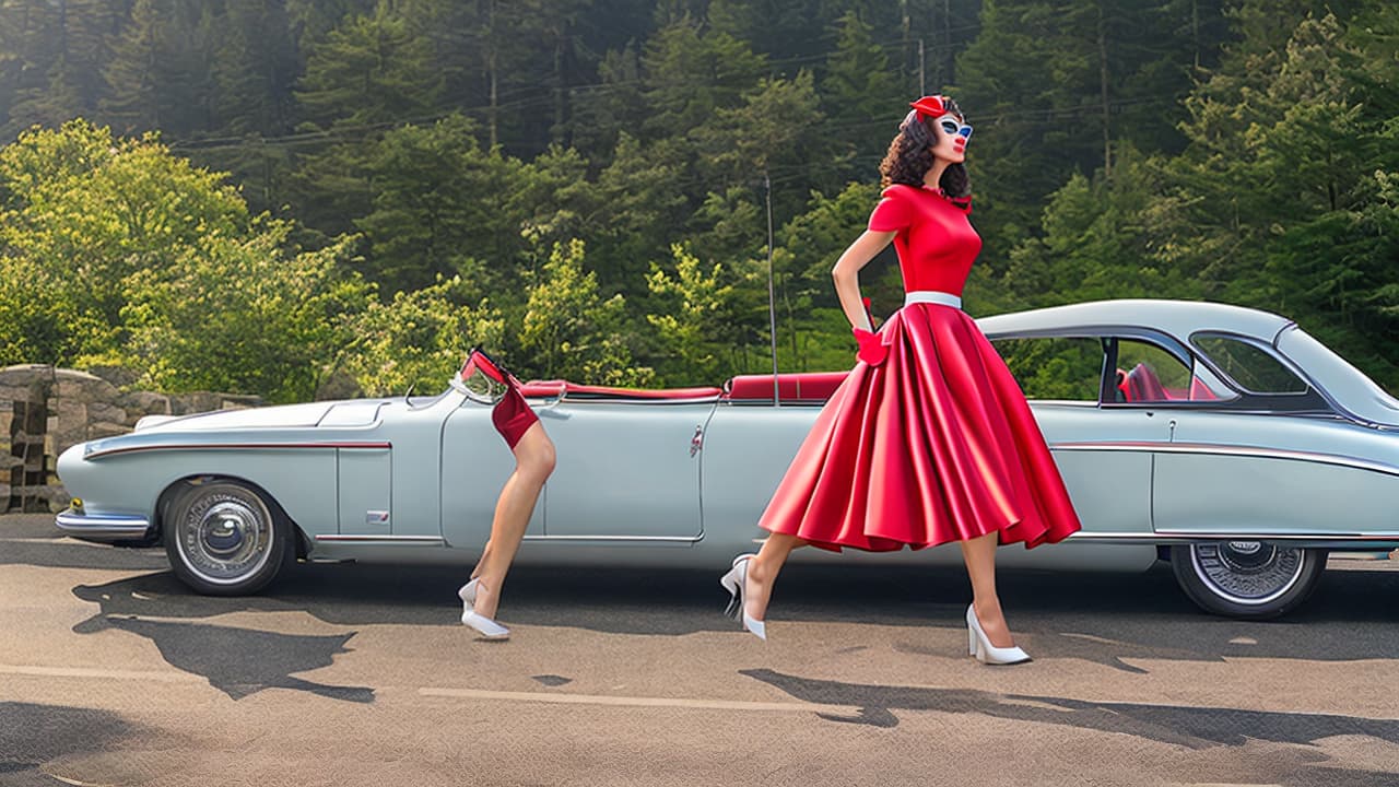  Create an image featuring a woman wearing a polka dot swing dress, cat eye sunglasses, red lipstick, pearl necklace, and white gloves, standing in front of a vintage car with a poodle skirt hanging out the window. hyperrealistic, full body, detailed clothing, highly detailed, cinematic lighting, stunningly beautiful, intricate, sharp focus, f/1. 8, 85mm, (centered image composition), (professionally color graded), ((bright soft diffused light)), volumetric fog, trending on instagram, trending on tumblr, HDR 4K, 8K