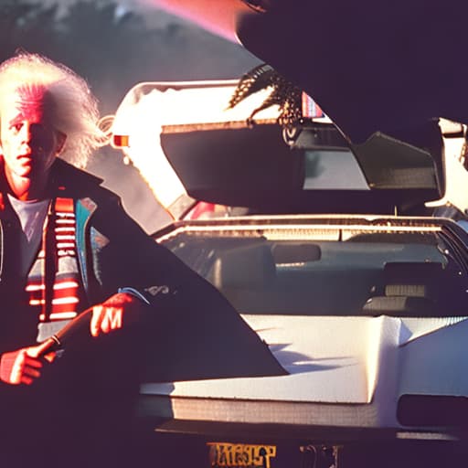 analog style marty mcfly and doc brown at woodstock, in a delorean car