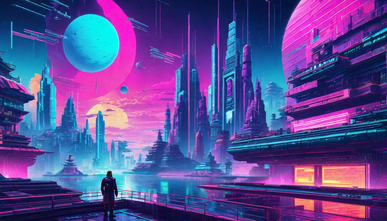  vaporwave,cyberpunk game style Cosmic architect, majestic environment, intense focus, ethereal elements, glowing mystical energyeon, dystopian, futuristic, digital, vibrant, detailed, high contrast, reminiscent of cyberpunk genre video games,retro aesthetic, cyberpunk, vibrant, neon colors, vintage 80s and 90s style, highly detailed