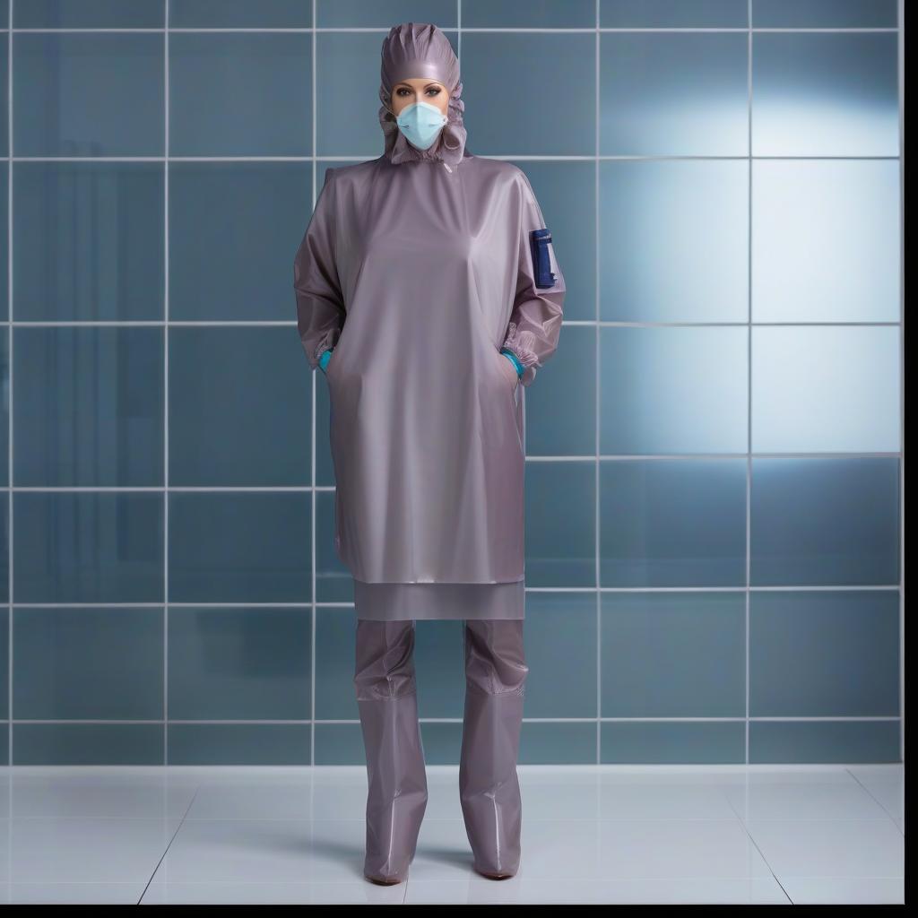  "(Highly detailed: 1.2), (lone female surgeon standing: 1.1) in (glossy latex: 1.2) (dark green: 1.1) and (dark blue: 1.1), (full length: 1.2), (front view: 1.2), (full face:1.2), • Surgical outfit: (Glossy Straight Fit Latex Surgical Gown: 1.1), (Fit Size: 1.1), (Knee Length: 1.2), (Closed Collar: 1.1), (No Pockets: 1.1), (elastic waistband: 1.1), (long sleeves: 1.1), (elastic cuffs: 1.1), (glossy shower cap with elastic ribbon: 1.1, (surgical mask with glossy ribbon ties: 1.2), (ankle length surgical trousers in glossy latex: 1.1), (shoe covers: 1.1) (knee high: 1.1) or (boot style: 1.1), (long surgical gloves: 1.1). • two color surgical gown: (The gown is worn backwards, fastened at the back, tied at the neck and waist) (The dress i hyperrealistic, full body, detailed clothing, highly detailed, cinematic lighting, stunningly beautiful, intricate, sharp focus, f/1. 8, 85mm, (centered image composition), (professionally color graded), ((bright soft diffused light)), volumetric fog, trending on instagram, trending on tumblr, HDR 4K, 8K