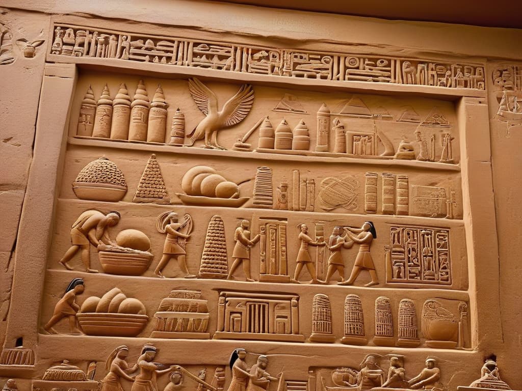  A photorealistic image of an ancient Egyptian hieroglyph depicting the creation of honey cakes, beautifully preserved on the walls of a temple, with intricate details showcasing the process of baking and offering these historic sweets. The colors are vibrant, the hieroglyphs are sharp and clear, and the scene transports the viewer back in time to experience the rich history of ancient dessertmaking. hyperrealistic, full body, detailed clothing, highly detailed, cinematic lighting, stunningly beautiful, intricate, sharp focus, f/1. 8, 85mm, (centered image composition), (professionally color graded), ((bright soft diffused light)), volumetric fog, trending on instagram, trending on tumblr, HDR 4K, 8K