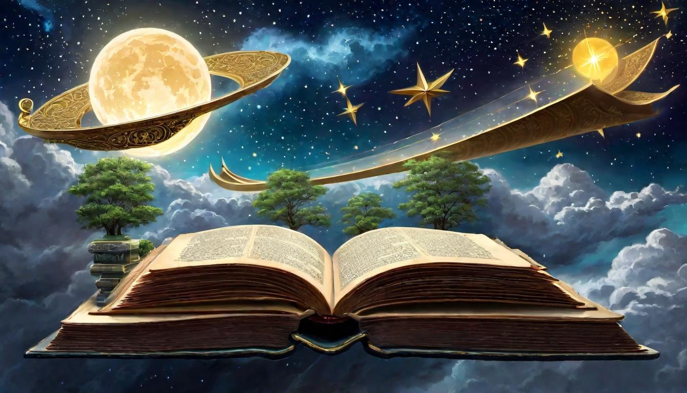  digital painting of Scrolls and books arrayed beneath a starlit sky, bridging divine narrative and earthly knowledge, hadiths glowing, heritage, celestial navigation looking at viewer, dynamic pose, (intricate details, masterpiece, best quality)