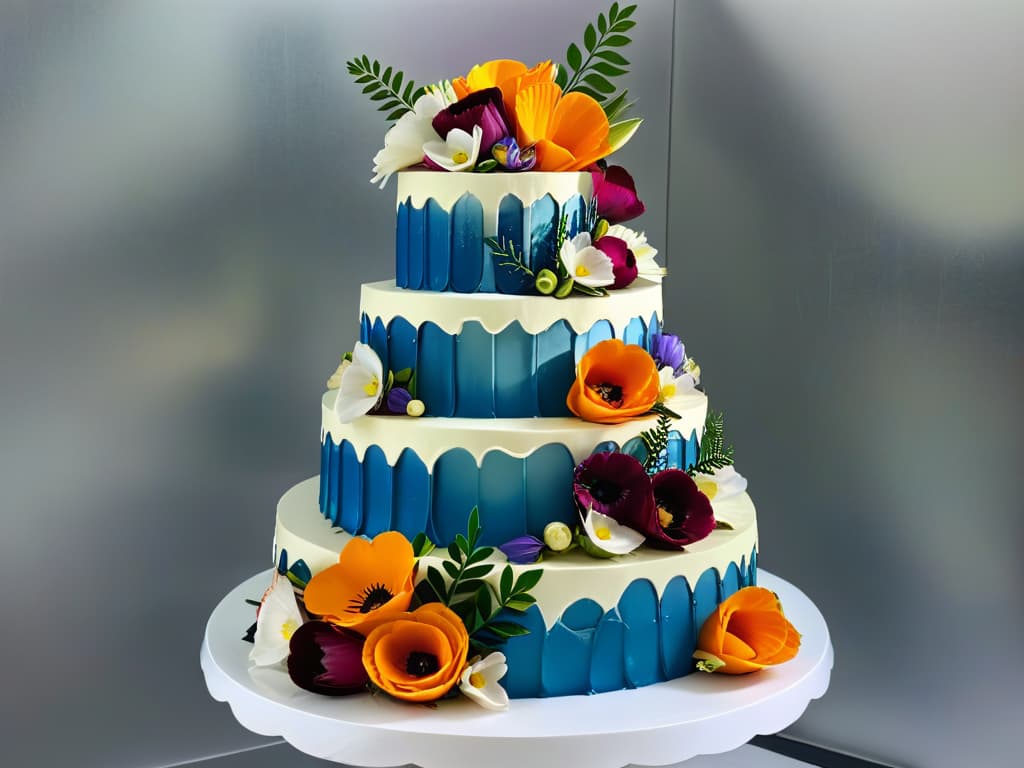  A photorealistic image of a beautifully decorated tiered cake showcasing all five global pastry trends for 2022. The cake is intricately adorned with edible flowers, geometric patterns, metallic accents, and various textures like velvet frosting and glossy glaze. Each tier represents a different trend, including mirror glaze finishes, sculptural elements, botanical influences, vibrant colors, and innovative flavor combinations. The cake is displayed on a sleek marble countertop against a soft, blurred background to emphasize the intricate details and exquisite craftsmanship. hyperrealistic, full body, detailed clothing, highly detailed, cinematic lighting, stunningly beautiful, intricate, sharp focus, f/1. 8, 85mm, (centered image composition), (professionally color graded), ((bright soft diffused light)), volumetric fog, trending on instagram, trending on tumblr, HDR 4K, 8K