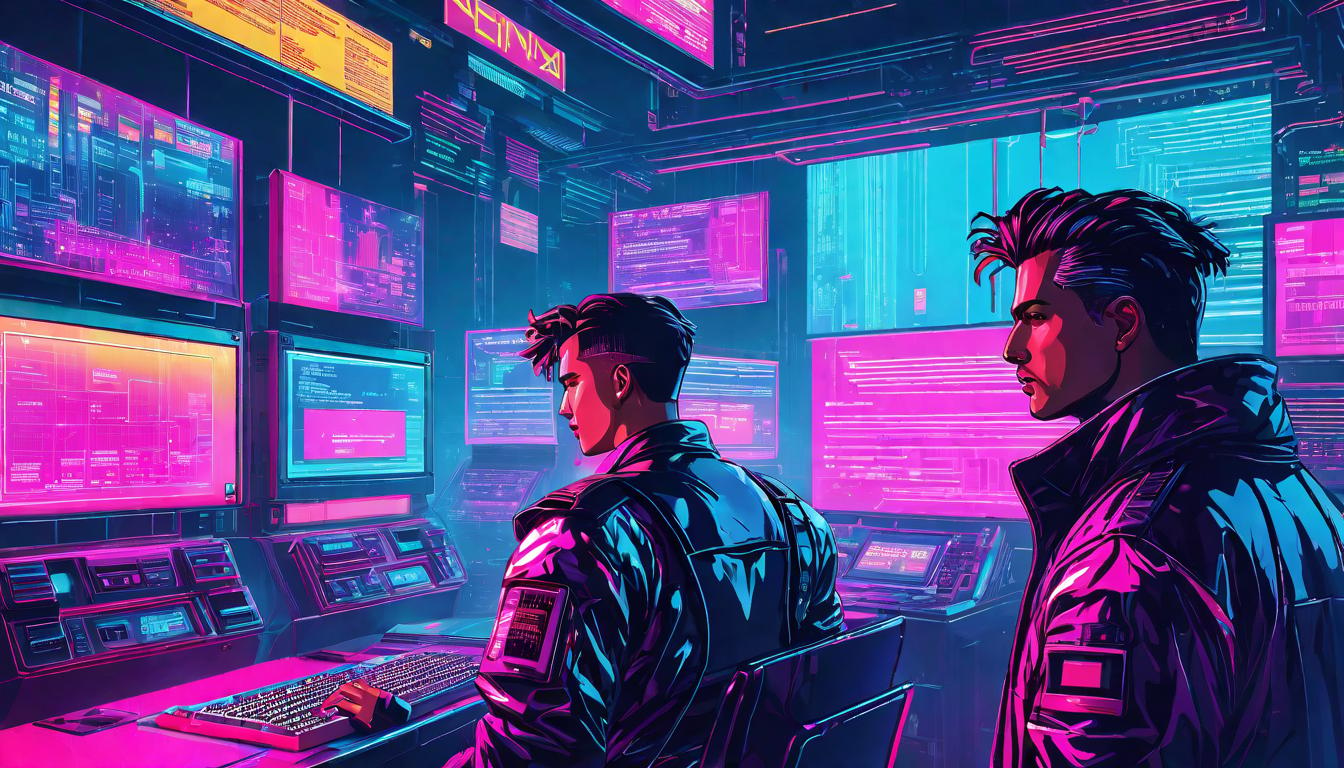  vaporwave,cyberpunk game style Intrigued colleagues, figure presenting grand ideas, ethereal thought bubbles, visionary settingseon, dystopian, futuristic, digital, vibrant, detailed, high contrast, reminiscent of cyberpunk genre video games,retro aesthetic, cyberpunk, vibrant, neon colors, vintage 80s and 90s style, highly detailed