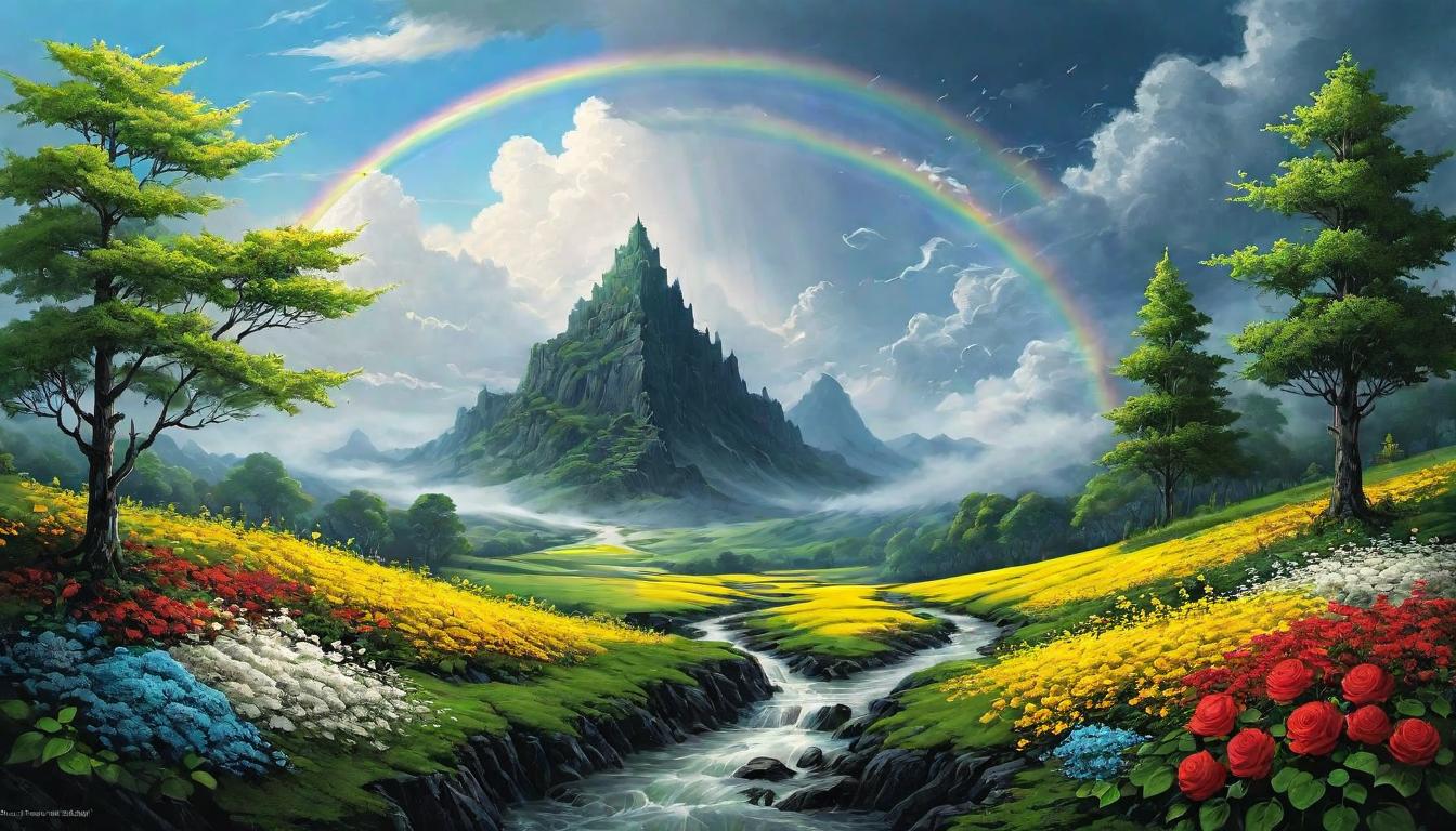  （surrealism)A landscape transformed by battle, once dark and twisted now blooming with life, flowers and greenery emerging from battle scars, sky clearing, hint of a rainbow, rebirth, renewal mystic, intricate details, best quality)