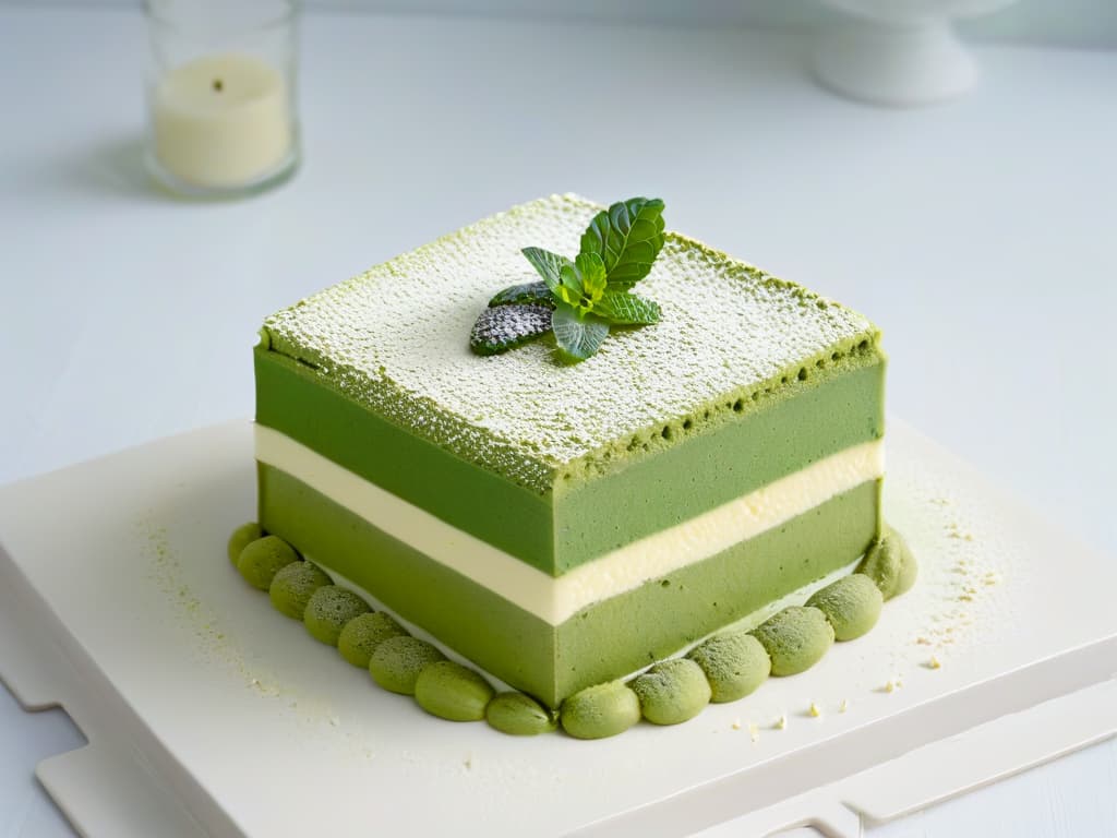  A closeup, ultradetailed image of a decadent Tiramisú de Matcha dessert elegantly presented in a white, minimalist ceramic plate, showcasing layers of green matchainfused sponge cake, creamy mascarpone cheese filling, and a sprinkle of vibrant green matcha powder on top. The dessert is garnished with a single fresh mint leaf delicately placed on the side, highlighting the luxurious and gourmet nature of this fusion dessert. hyperrealistic, full body, detailed clothing, highly detailed, cinematic lighting, stunningly beautiful, intricate, sharp focus, f/1. 8, 85mm, (centered image composition), (professionally color graded), ((bright soft diffused light)), volumetric fog, trending on instagram, trending on tumblr, HDR 4K, 8K