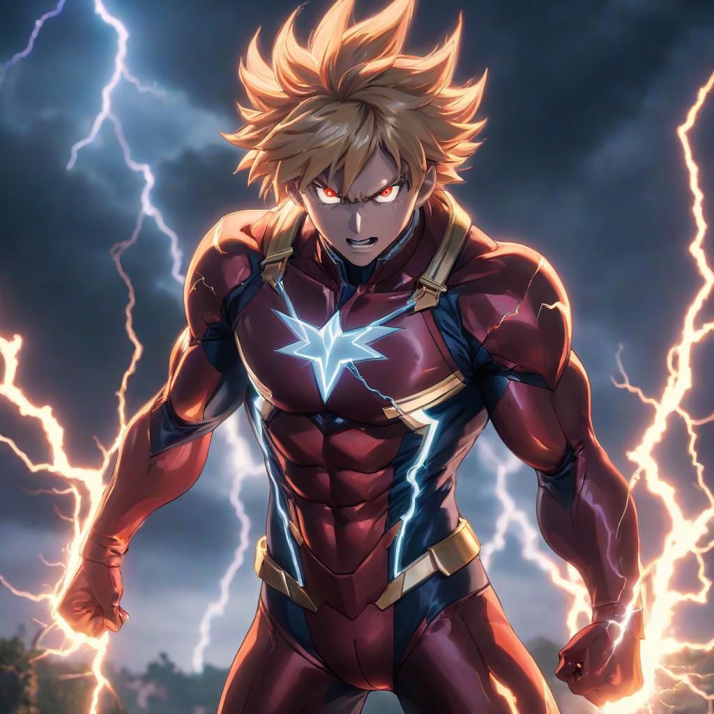  a close up of a person with lightning in the background, by Shingei, conceptual art, anime key visual”, emitting evil red aura, my hero academia, tatsuya endo hyperrealistic, full body, detailed clothing, highly detailed, cinematic lighting, stunningly beautiful, intricate, sharp focus, f/1. 8, 85mm, (centered image composition), (professionally color graded), ((bright soft diffused light)), volumetric fog, trending on instagram, trending on tumblr, HDR 4K, 8K