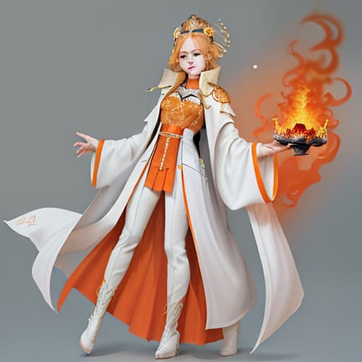  Character Sheet, Goddess, Fire Goddess, Young Woman, Short Blonde Fire Hair, Hair on Fire, Orange Eyes, White long tailcoat accented by Orange, White knee-high boots accented by orange, Grey Leggings, Anime, Fantasy, Futuristic, Modern