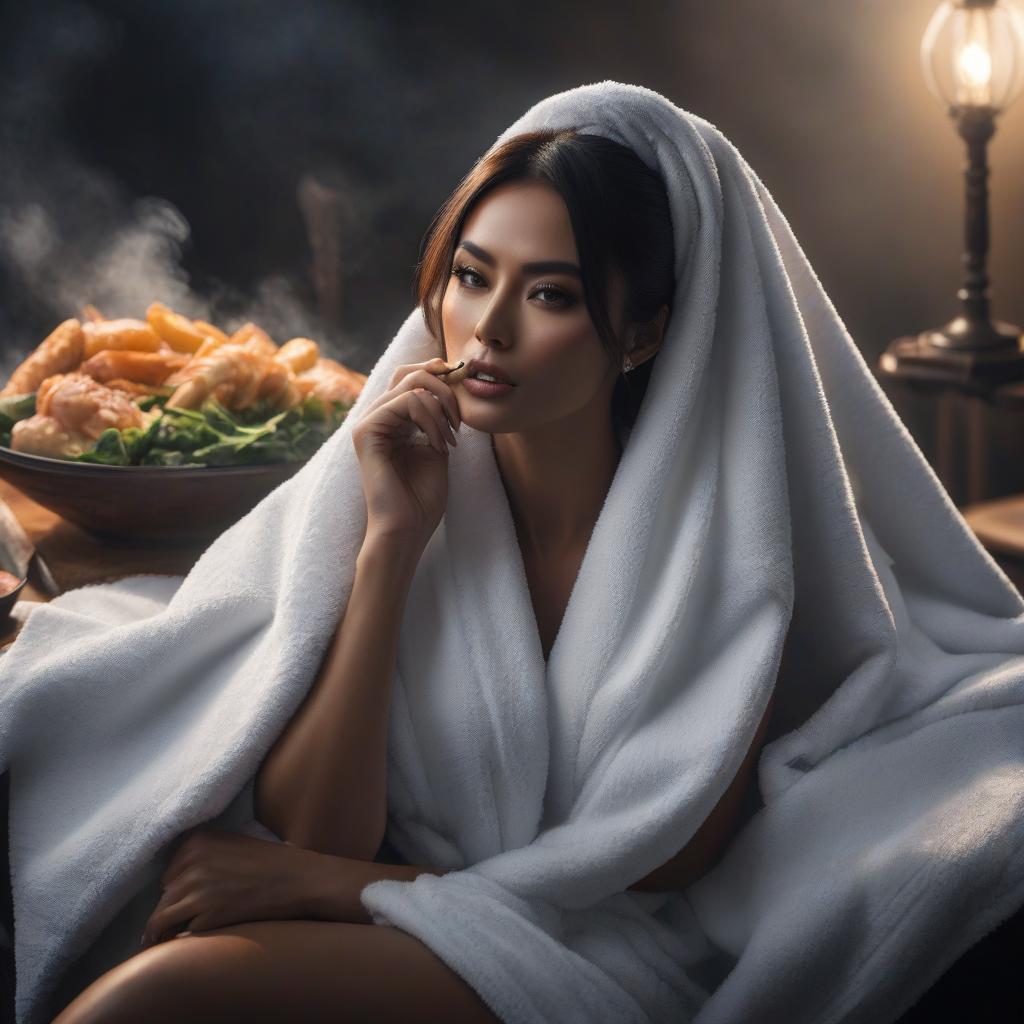  The towel is held loosely, and the forks are sitting next to each other, smoking. hyperrealistic, full body, detailed clothing, highly detailed, cinematic lighting, stunningly beautiful, intricate, sharp focus, f/1. 8, 85mm, (centered image composition), (professionally color graded), ((bright soft diffused light)), volumetric fog, trending on instagram, trending on tumblr, HDR 4K, 8K