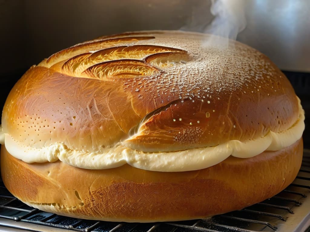  A closeup, ultradetailed image of a perfectly goldenbrown sourdough loaf emerging from a rustic oven, with delicate wisps of steam rising from its crust. The textured surface of the bread glistens under a soft, natural light, showcasing the intricate patterns formed during the fermentation process. The background is blurred, emphasizing the simplicity and elegance of the artisanal bread, embodying the essence of sustainable baking. hyperrealistic, full body, detailed clothing, highly detailed, cinematic lighting, stunningly beautiful, intricate, sharp focus, f/1. 8, 85mm, (centered image composition), (professionally color graded), ((bright soft diffused light)), volumetric fog, trending on instagram, trending on tumblr, HDR 4K, 8K