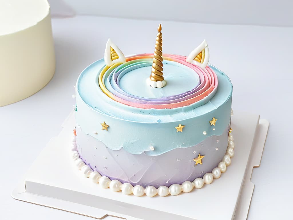  A minimalist, highly detailed image of a rainbowhued unicornshaped cake adorned with pastelcolored frosting swirls, edible glitter, and delicate fondant unicorn horn and ears, set against a clean white background. The cake is intricately decorated with tiny edible pearls and shimmering stars, radiating a sense of whimsy and magic. hyperrealistic, full body, detailed clothing, highly detailed, cinematic lighting, stunningly beautiful, intricate, sharp focus, f/1. 8, 85mm, (centered image composition), (professionally color graded), ((bright soft diffused light)), volumetric fog, trending on instagram, trending on tumblr, HDR 4K, 8K