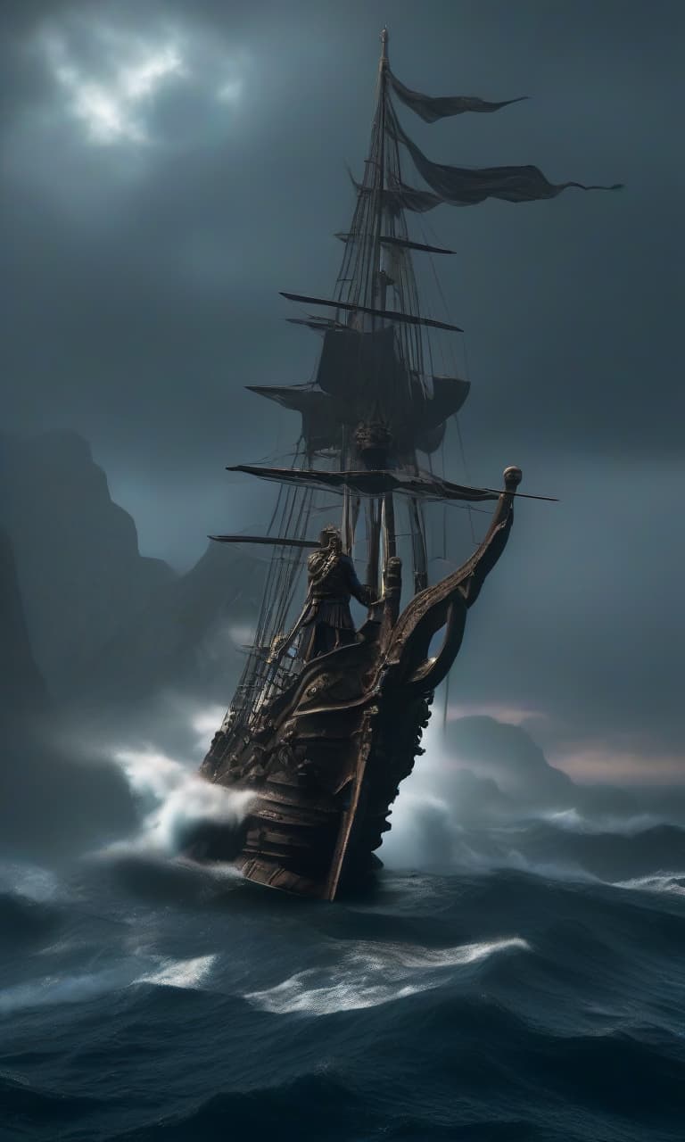  macabre style single voyage ship of ancient Greeks, Argonauts, a Greek stands at the prow of the ship. . dark, gothic, grim, haunting, highly detailed hyperrealistic, full body, detailed clothing, highly detailed, cinematic lighting, stunningly beautiful, intricate, sharp focus, f/1. 8, 85mm, (centered image composition), (professionally color graded), ((bright soft diffused light)), volumetric fog, trending on instagram, trending on tumblr, HDR 4K, 8K