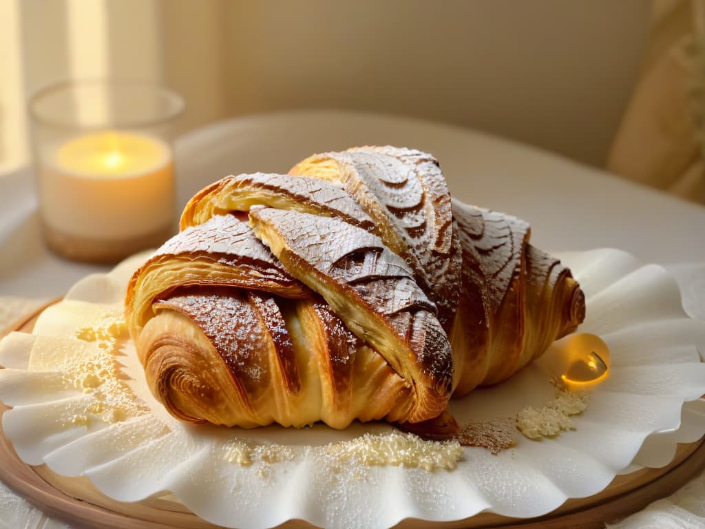  An intricate, closeup image of a perfectly golden and flaky croissant, dusted with a light sprinkling of powdered sugar, resting on a delicate piece of white lace fabric. The sunlight filtering through a nearby window casts a soft, warm glow on the pastry, highlighting its buttery layers and inviting texture. The background is blurred, enhancing the focus on the croissant's exquisite details and evoking a sense of indulgence and sophistication. hyperrealistic, full body, detailed clothing, highly detailed, cinematic lighting, stunningly beautiful, intricate, sharp focus, f/1. 8, 85mm, (centered image composition), (professionally color graded), ((bright soft diffused light)), volumetric fog, trending on instagram, trending on tumblr, HDR 4K, 8K