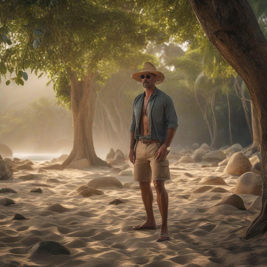  A vagabond man with fair hair in worn out shorts, a weathered football shirt, and a sandy colored panama hat on an uninhabited island. hyperrealistic, full body, detailed clothing, highly detailed, cinematic lighting, stunningly beautiful, intricate, sharp focus, f/1. 8, 85mm, (centered image composition), (professionally color graded), ((bright soft diffused light)), volumetric fog, trending on instagram, trending on tumblr, HDR 4K, 8K