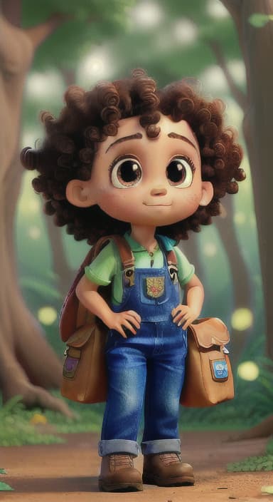  {The tree with a twinkling eye, while its leaves gently rustle., Riley, a curious with big brown eyes and curly hair, wearing overalls and carrying a small backpack. Their friend, Skye, a bluebird with shiny feathers.