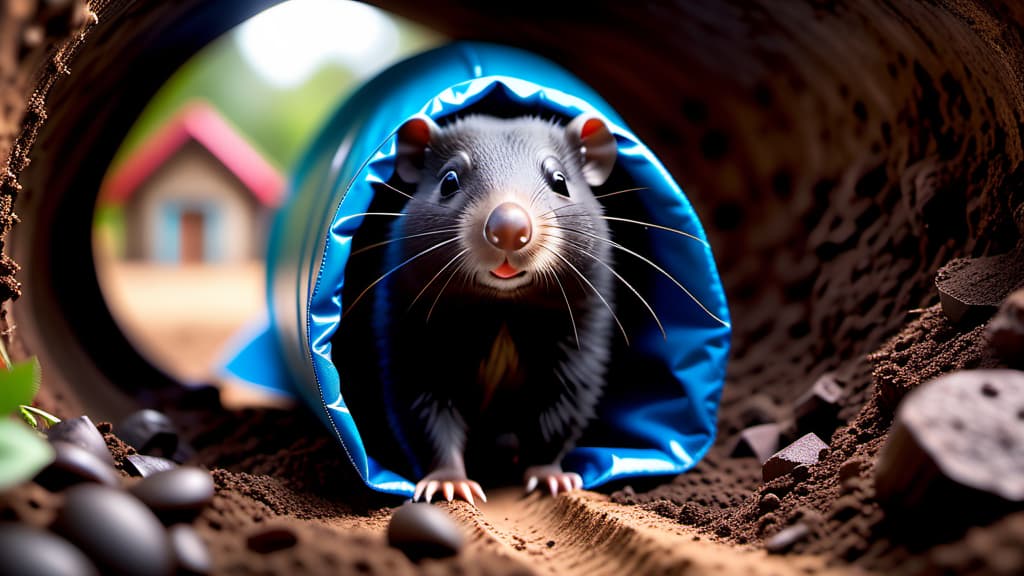  Tiny, powerful mole in the process of tunneling with visible dirt dispersing.  , ((realistic)), ((masterpiece)), focus on detailed clothing and atmosphere of the surroundings. Soft and natural lights.