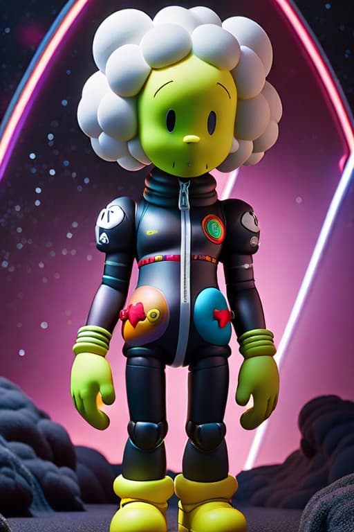  Kaws doll in space hyperrealistic, full body, detailed clothing, highly detailed, cinematic lighting, stunningly beautiful, intricate, sharp focus, f/1. 8, 85mm, (centered image composition), (professionally color graded), ((bright soft diffused light)), volumetric fog, trending on instagram, trending on tumblr, HDR 4K, 8K