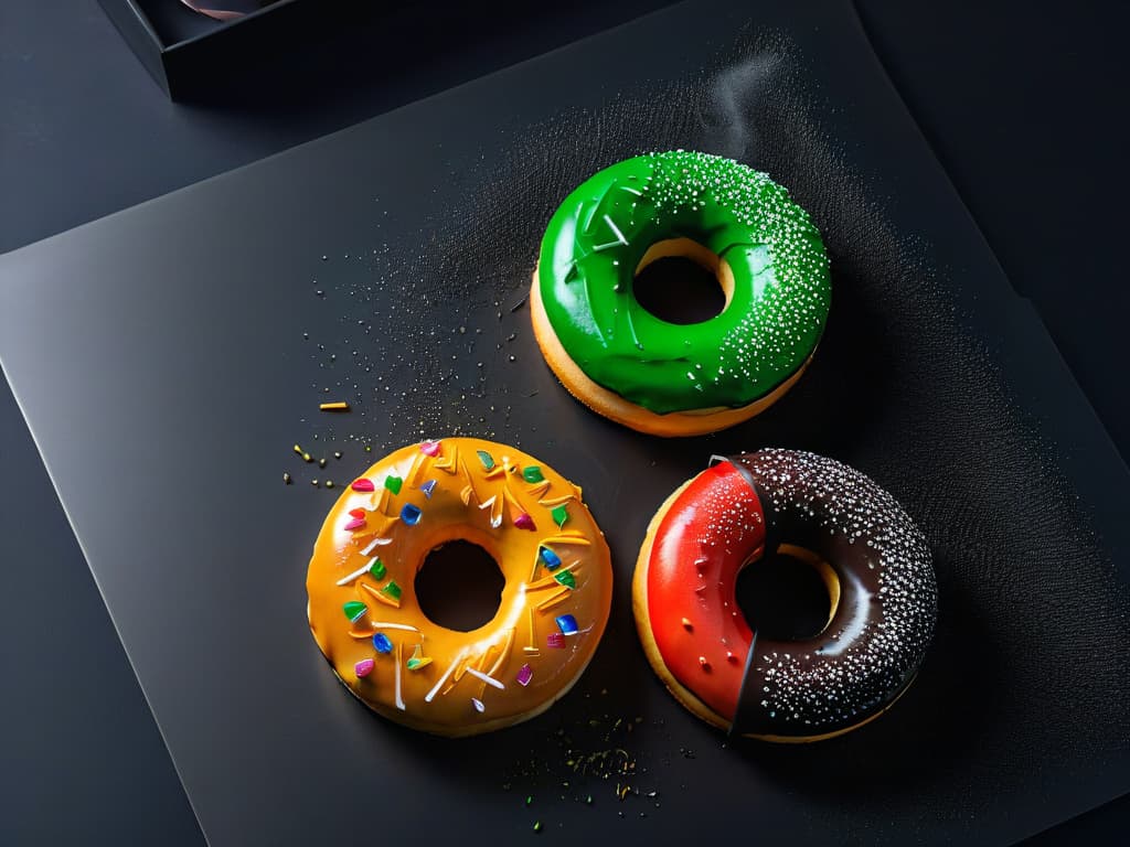  An image of a colorful array of freshly baked rainbow donuts arranged neatly on a sleek, matte black surface. The donuts are perfectly glazed with vibrant hues of red, orange, yellow, green, blue, and purple, creating a visually stunning and appetizing display. Each donut is sprinkled with a generous amount of sparkling sugar crystals that catch the light, adding a touch of magic to the scene. The minimalist composition focuses solely on the donuts, highlighting their flawless appearance and inviting the viewer to imagine the delightful flavors awaiting them. hyperrealistic, full body, detailed clothing, highly detailed, cinematic lighting, stunningly beautiful, intricate, sharp focus, f/1. 8, 85mm, (centered image composition), (professionally color graded), ((bright soft diffused light)), volumetric fog, trending on instagram, trending on tumblr, HDR 4K, 8K