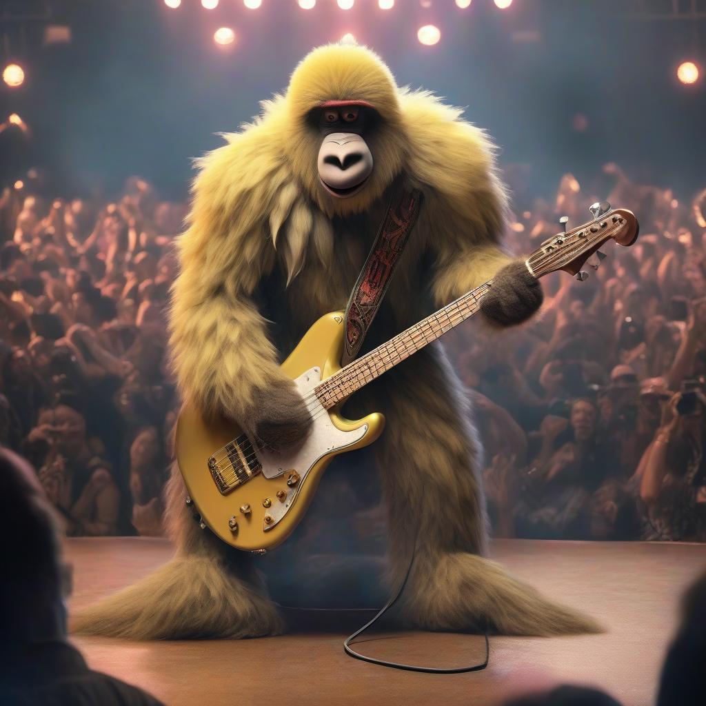  A man with a banana playing guitar, a man with a banana playing bass guitar, a man with a banana behind the drum set, playing rock on stage, in front of the stage are spectators, a full body view hyperrealistic, full body, detailed clothing, highly detailed, cinematic lighting, stunningly beautiful, intricate, sharp focus, f/1. 8, 85mm, (centered image composition), (professionally color graded), ((bright soft diffused light)), volumetric fog, trending on instagram, trending on tumblr, HDR 4K, 8K