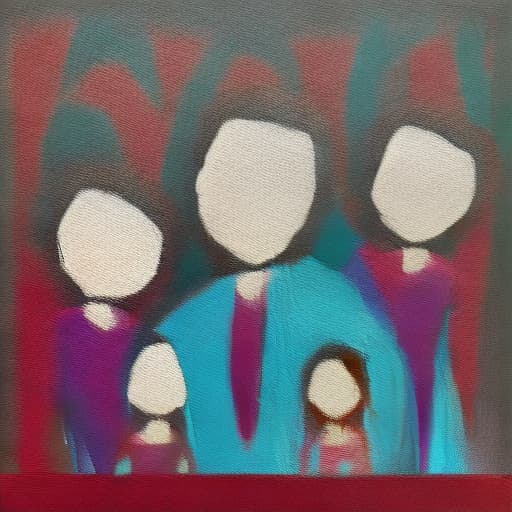 redshift style abstract painting representing a family of 5, using colours that will contrast with brown and white.