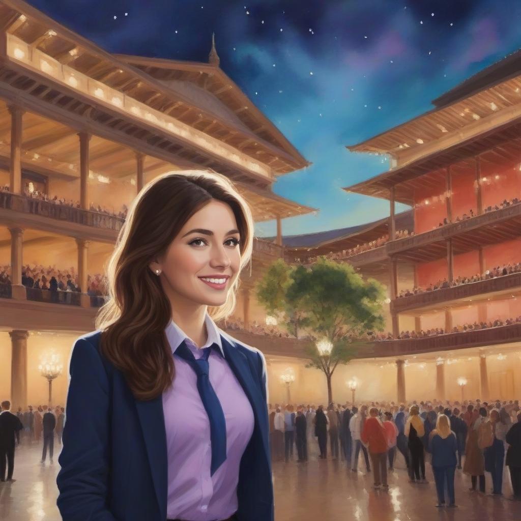  Your Prompt: Draw a picture in the style of painting: a happy girl in business clothes against the background of the concert hall