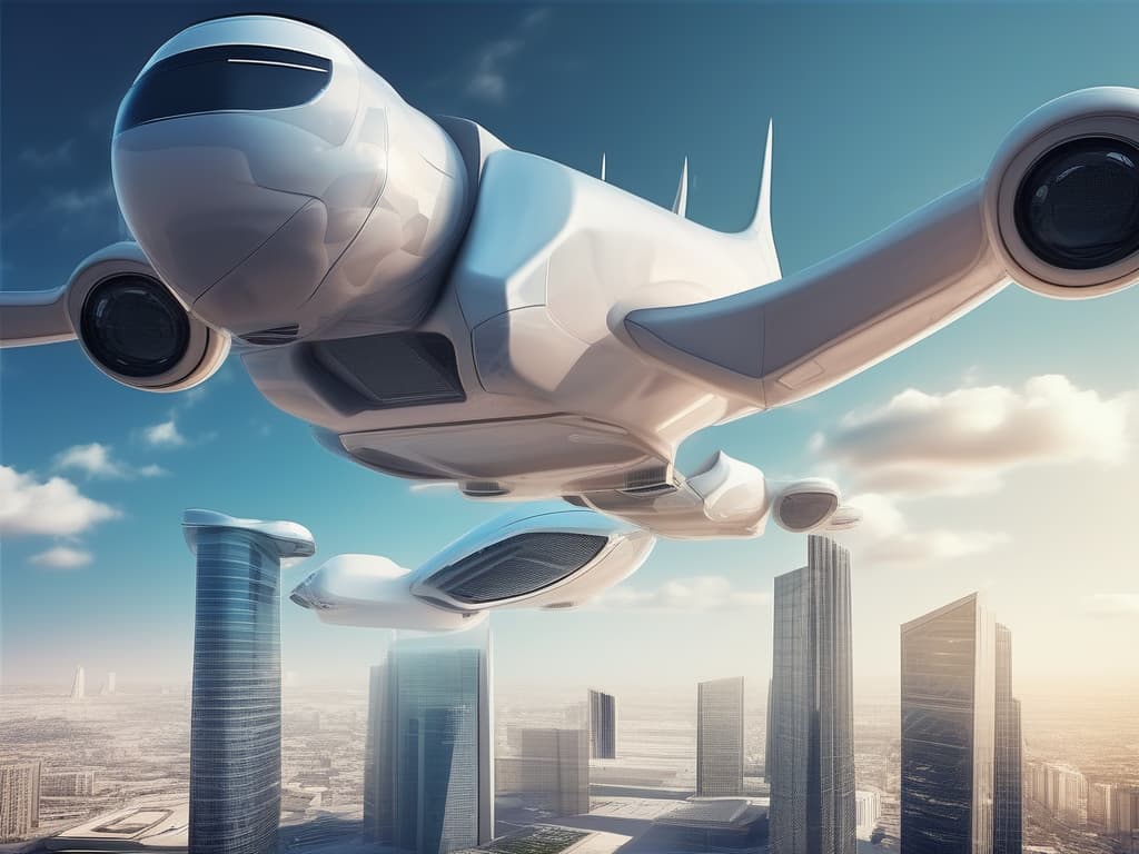  modern city. city center. city square. flying transport in sky.