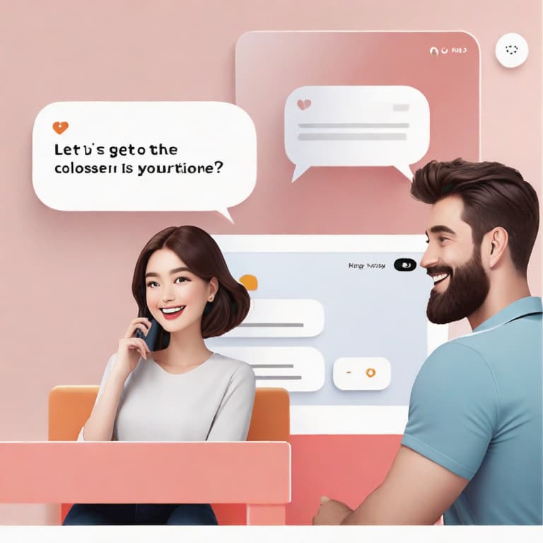  Image style: Realistic
Illustration style: Illustration
Character: A man and a woman
Place: Bright white background
Action: The man is standing on the left side of the screen, and the woman is sitting on the right side. They are chatting and laughing through the chat app on the screen.
Speech Bubble: "Let's get closer through conversation."
Object Decoration: The chat app screen is displayed with vibrant colors.
Facial expression: They are smiling and enjoying the conversation.
Camera Style: Front view
Lighting Style: Soft and warm lighting..
Requirements:highly detailed, (best quality), highres, intricate details, Multi-Layered Textures, masterpiece. hyperrealistic, full body, detailed clothing, highly detailed, cinematic lighting, stunningly beautiful, intricate, sharp focus, f/1. 8, 85mm, (centered image composition), (professionally color graded), ((bright soft diffused light)), volumetric fog, trending on instagram, trending on tumblr, HDR 4K, 8K