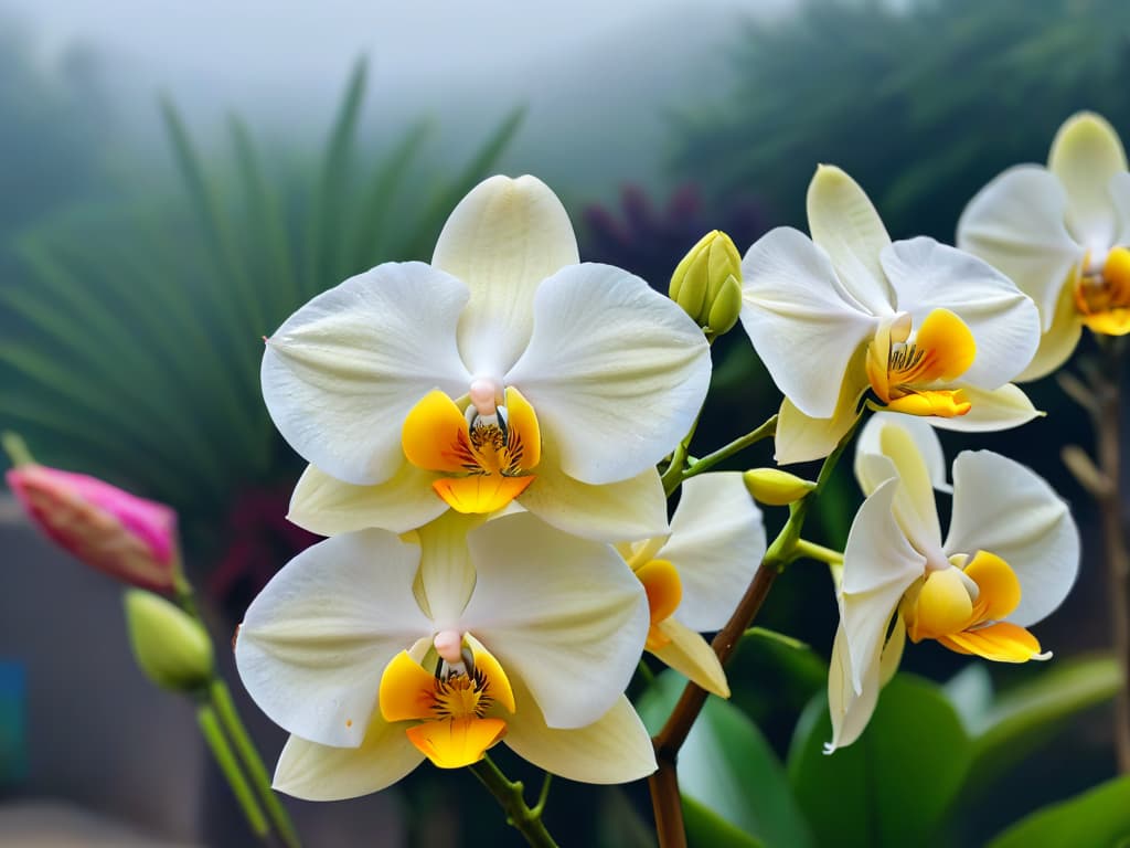  A closeup, highresolution image of a delicate vanilla orchid flower in full bloom, showcasing its intricate petals and soft, creamy color. The focus is on the details of the flower, with a blurred background that hints at a lush, vibrant garden setting. The image exudes elegance and simplicity, perfectly complementing the informative and inspirational tone of the article on traditional vanilla desserts from Madagascar. hyperrealistic, full body, detailed clothing, highly detailed, cinematic lighting, stunningly beautiful, intricate, sharp focus, f/1. 8, 85mm, (centered image composition), (professionally color graded), ((bright soft diffused light)), volumetric fog, trending on instagram, trending on tumblr, HDR 4K, 8K