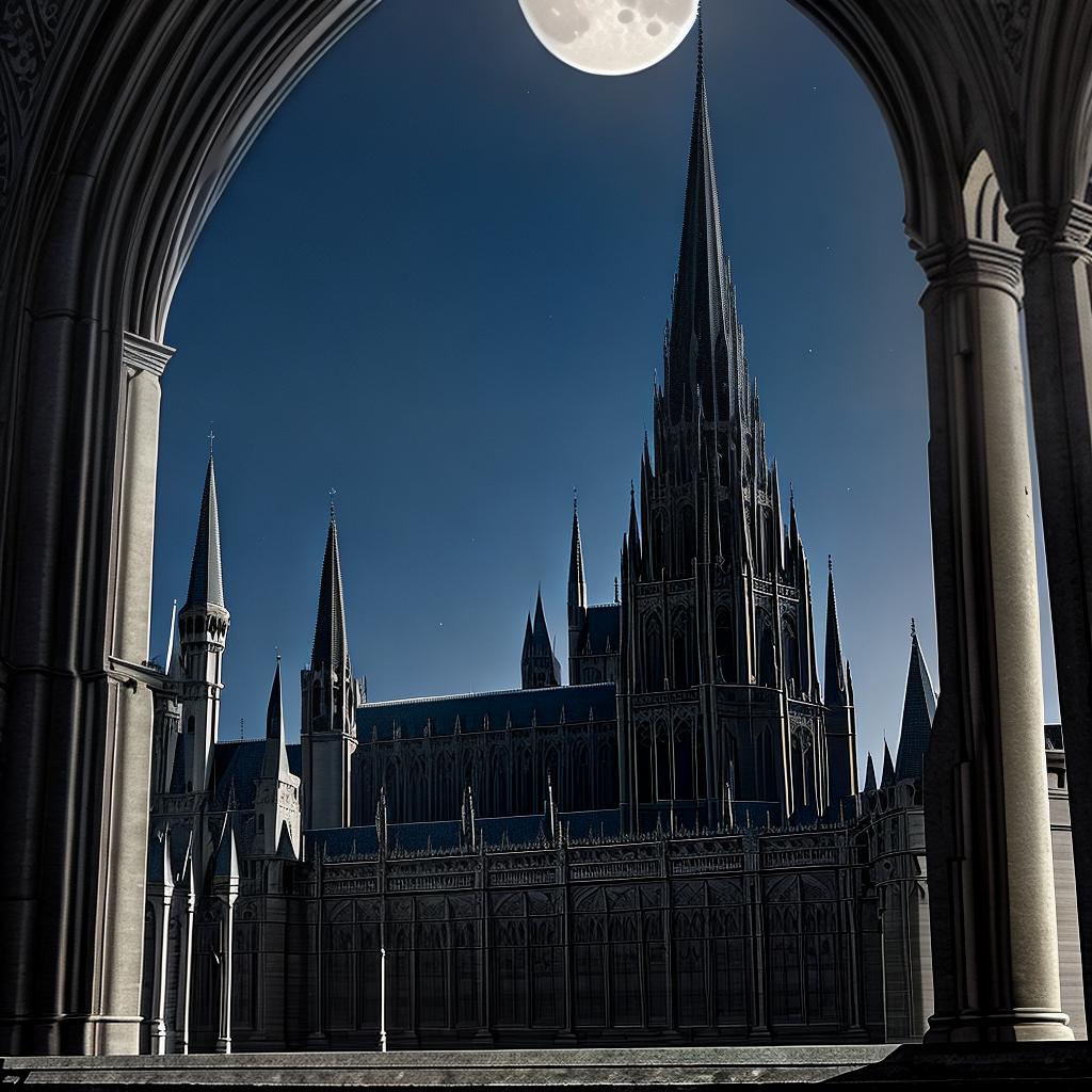  in a gothic aesthetic, Ethereal spires pierce the moonlit sky, as ancient arches weave tales of forgotten realms in a Gothic tapestry.