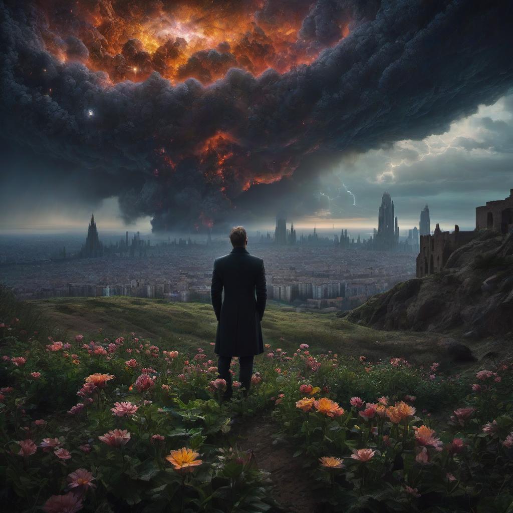  (stylized by Tomasz Alen Kopera:1.3) , dark art, dense flower field and Perseid meteor in background, landscape of a (Barcelona:1.2) , very Bizarre and 1600'S, Hurricane, Glitchcore, Amaro, layered textures, ornate, intricate artistic color, complimentary colors, very inspirational, atmosphere, fine artistic composition, sunny, theatrical hyperrealistic, full body, detailed clothing, highly detailed, cinematic lighting, stunningly beautiful, intricate, sharp focus, f/1. 8, 85mm, (centered image composition), (professionally color graded), ((bright soft diffused light)), volumetric fog, trending on instagram, trending on tumblr, HDR 4K, 8K