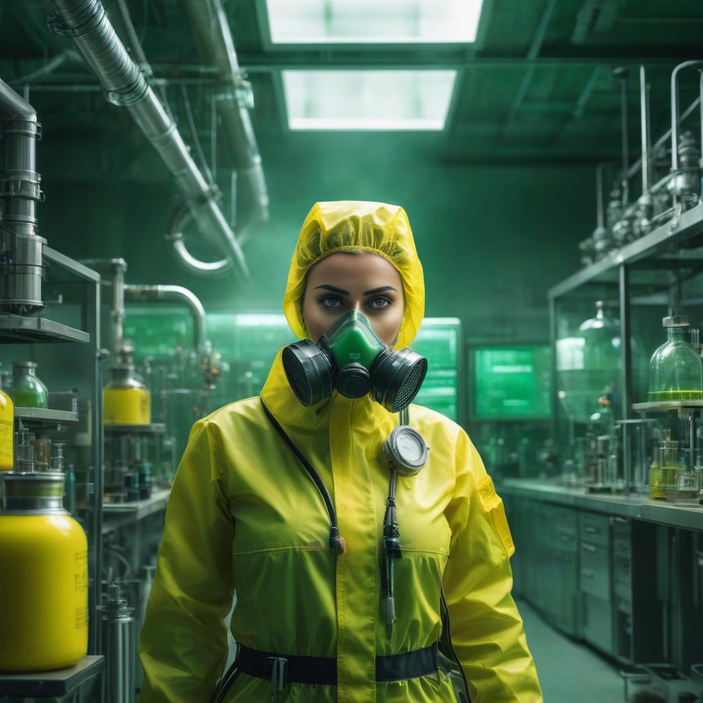  A girl in a yellow chemical protection is holding a background of a green chemical laboratory. hyperrealistic, full body, detailed clothing, highly detailed, cinematic lighting, stunningly beautiful, intricate, sharp focus, f/1. 8, 85mm, (centered image composition), (professionally color graded), ((bright soft diffused light)), volumetric fog, trending on instagram, trending on tumblr, HDR 4K, 8K