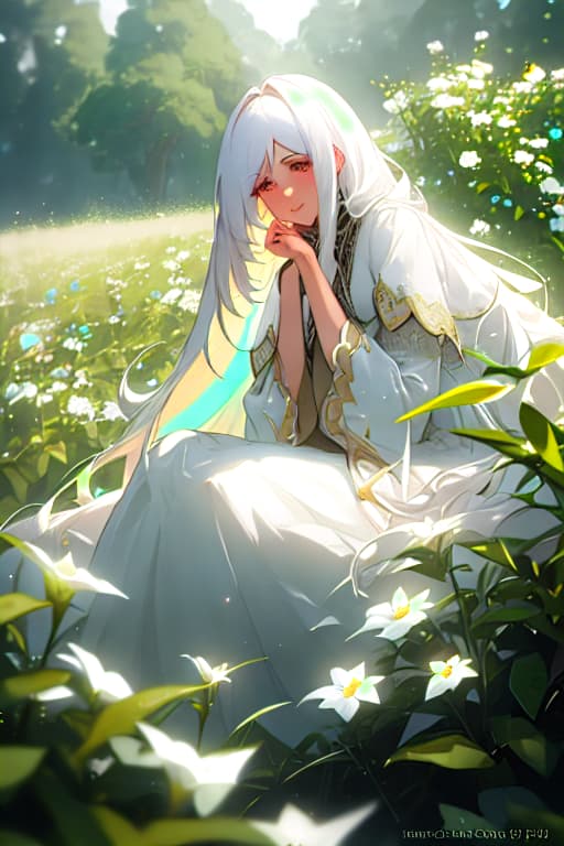  (masterpiece, best quality),1girl with long white hair sitting in a field of green plants and flowers, her hand under her chin, warm lighting, white dress, blurry foreground hyperrealistic, full body, detailed clothing, highly detailed, cinematic lighting, stunningly beautiful, intricate, sharp focus, f/1. 8, 85mm, (centered image composition), (professionally color graded), ((bright soft diffused light)), volumetric fog, trending on instagram, trending on tumblr, HDR 4K, 8K