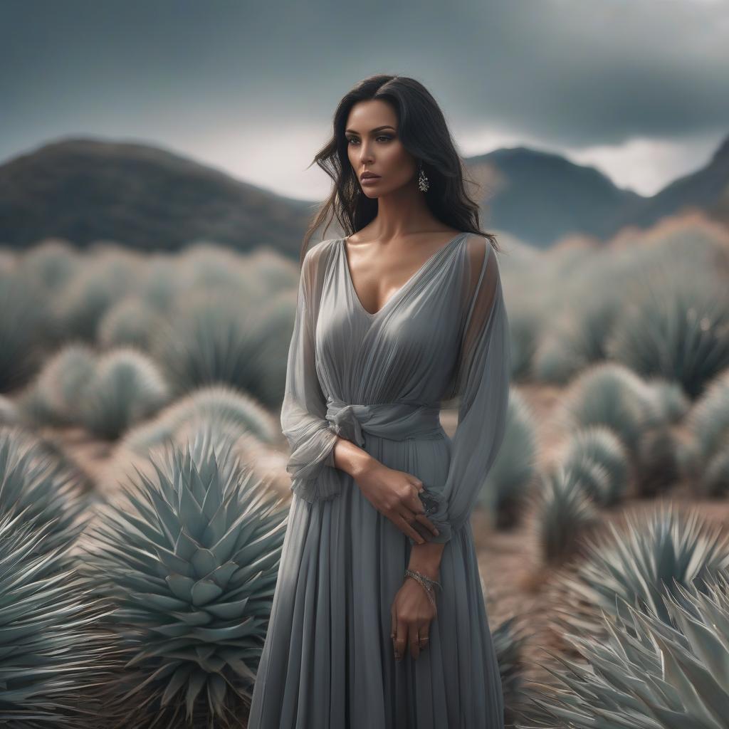  Sad beauty in a gray dress with an agave hyperrealistic, full body, detailed clothing, highly detailed, cinematic lighting, stunningly beautiful, intricate, sharp focus, f/1. 8, 85mm, (centered image composition), (professionally color graded), ((bright soft diffused light)), volumetric fog, trending on instagram, trending on tumblr, HDR 4K, 8K