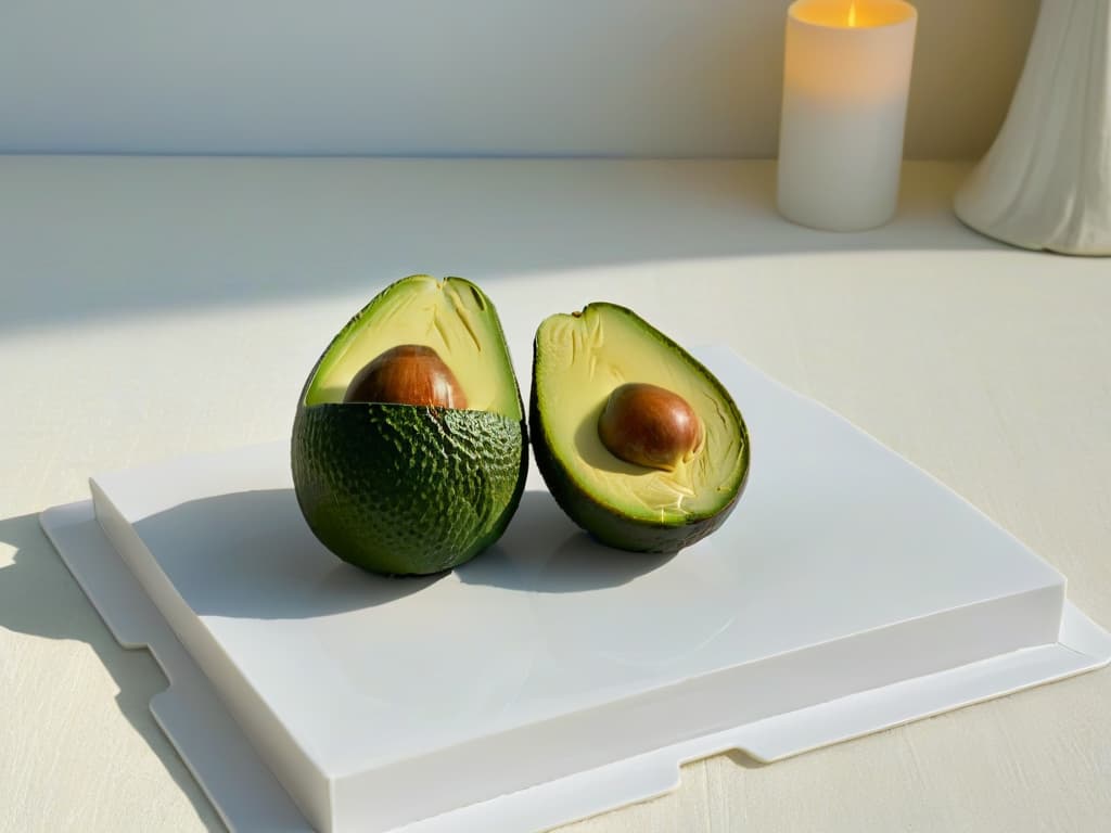  A serene, minimalist image featuring a perfectly sliced ripe avocado placed delicately on a sleek, modern white plate, showcasing its rich green flesh and creamy texture against the clean background. The lighting is soft, casting a gentle shadow that highlights the natural beauty of the avocado, symbolizing the balance between flavor and health in guiltfree desserts. hyperrealistic, full body, detailed clothing, highly detailed, cinematic lighting, stunningly beautiful, intricate, sharp focus, f/1. 8, 85mm, (centered image composition), (professionally color graded), ((bright soft diffused light)), volumetric fog, trending on instagram, trending on tumblr, HDR 4K, 8K