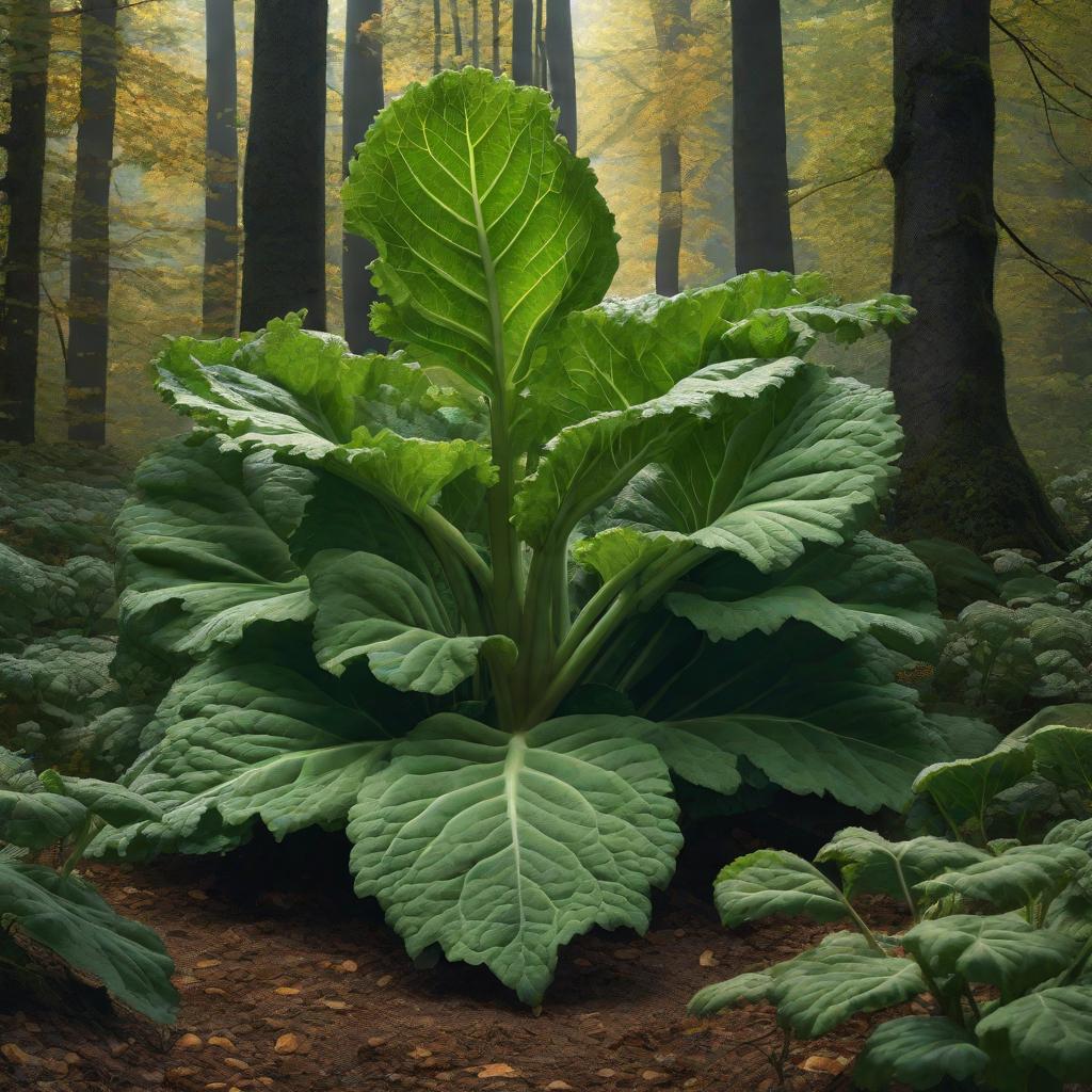  HIGH CLOSE UP. GIANT GREEN RHUBARB LEAVES GROWING FROM THE GROUND IN A DARK ROOM. THERE IS A HUGE PUMPKIN BETWEEN THEM. IN THE FOREST PLAN IS AN ARTIST, A PAINTER, PAINTING A PICTURE AT AN EASLESS. SHARP LIGHT., realistic, portrait, art by donato giancola and greg rutkowski, realistic face, digital art, trending on artstation hyperrealistic, full body, detailed clothing, highly detailed, cinematic lighting, stunningly beautiful, intricate, sharp focus, f/1. 8, 85mm, (centered image composition), (professionally color graded), ((bright soft diffused light)), volumetric fog, trending on instagram, trending on tumblr, HDR 4K, 8K