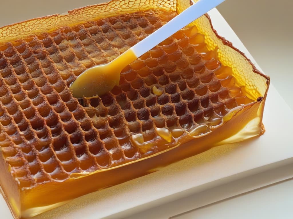  A highresolution, ultradetailed image showcasing a closeup view of a delicate, golden honeycomb filled with rich, ambercolored miel de abeja melipona. The intricate hexagonal cells glisten in the light, highlighting the natural beauty and sweetness of this traditional ingredient. Each cell is perfectly formed, creating a mesmerizing pattern that represents the meticulous work of the melipona bees. The image conveys a sense of purity and simplicity, emphasizing the importance of miel de abeja melipona in traditional pastrymaking. hyperrealistic, full body, detailed clothing, highly detailed, cinematic lighting, stunningly beautiful, intricate, sharp focus, f/1. 8, 85mm, (centered image composition), (professionally color graded), ((bright soft diffused light)), volumetric fog, trending on instagram, trending on tumblr, HDR 4K, 8K