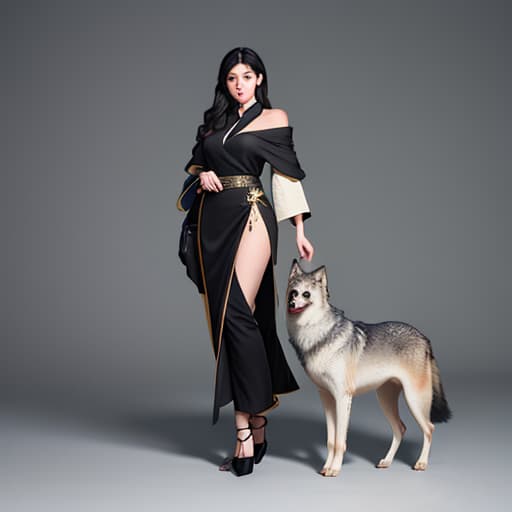  pretty Asian , standing with a grey wolf, her black hair is , and she gazes at the wolf tenderly hyperrealistic, full body, detailed clothing, highly detailed, cinematic lighting, stunningly beautiful, intricate, sharp focus, f/1. 8, 85mm, (centered image composition), (professionally color graded), ((bright soft diffused light)), volumetric fog, trending on instagram, trending on tumblr, HDR 4K, 8K