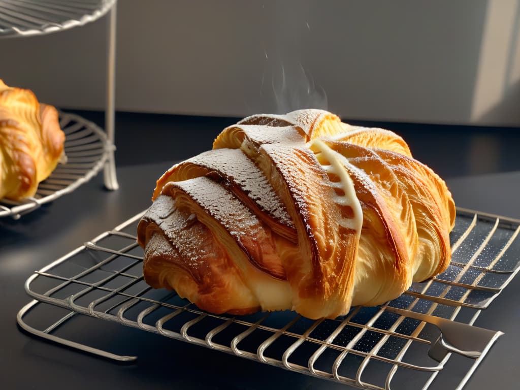  An ultradetailed closeup image of a perfectly golden and flaky croissant, freshly baked and cooling on a wire rack, with subtle wisps of steam rising from its buttery layers. The delicate shine on the surface hints at the delectable texture within, while tiny droplets of condensation on the rack add a touch of realism to the scene. The lighting is soft yet precise, capturing every crevice and curve of this artisanal pastry, inviting the viewer to appreciate the craftsmanship and artistry of baking. hyperrealistic, full body, detailed clothing, highly detailed, cinematic lighting, stunningly beautiful, intricate, sharp focus, f/1. 8, 85mm, (centered image composition), (professionally color graded), ((bright soft diffused light)), volumetric fog, trending on instagram, trending on tumblr, HDR 4K, 8K