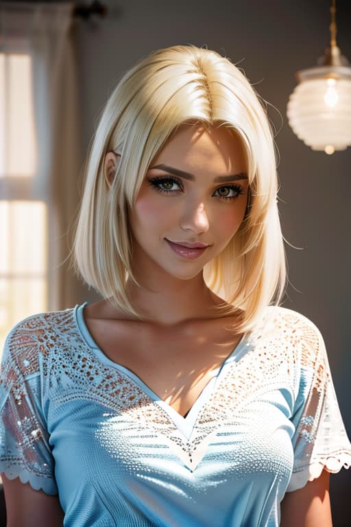  1girl,1girl,blonde short hair,straight hair,upper body shot,shirt,smile hyperrealistic, full body, detailed clothing, highly detailed, cinematic lighting, stunningly beautiful, intricate, sharp focus, f/1. 8, 85mm, (centered image composition), (professionally color graded), ((bright soft diffused light)), volumetric fog, trending on instagram, trending on tumblr, HDR 4K, 8K