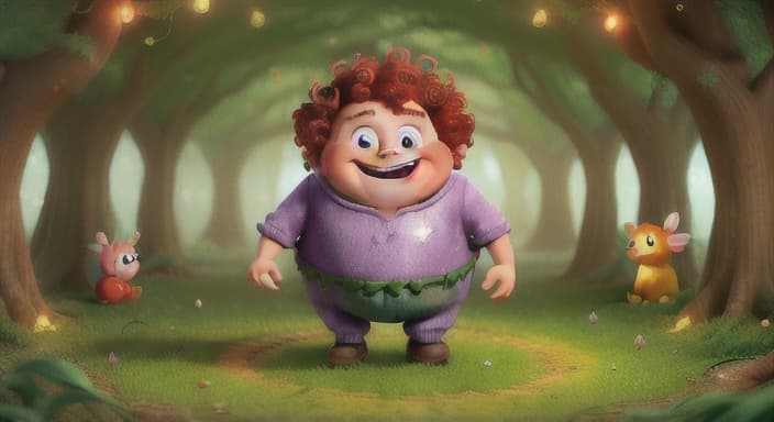  {Giggles skipping through a magical forest filled with towering trees and glittering fairy lights., Giggles has a round belly that jiggles when he laughs. His curly red hair bounces as he moves, and he is always humming a merry tune.