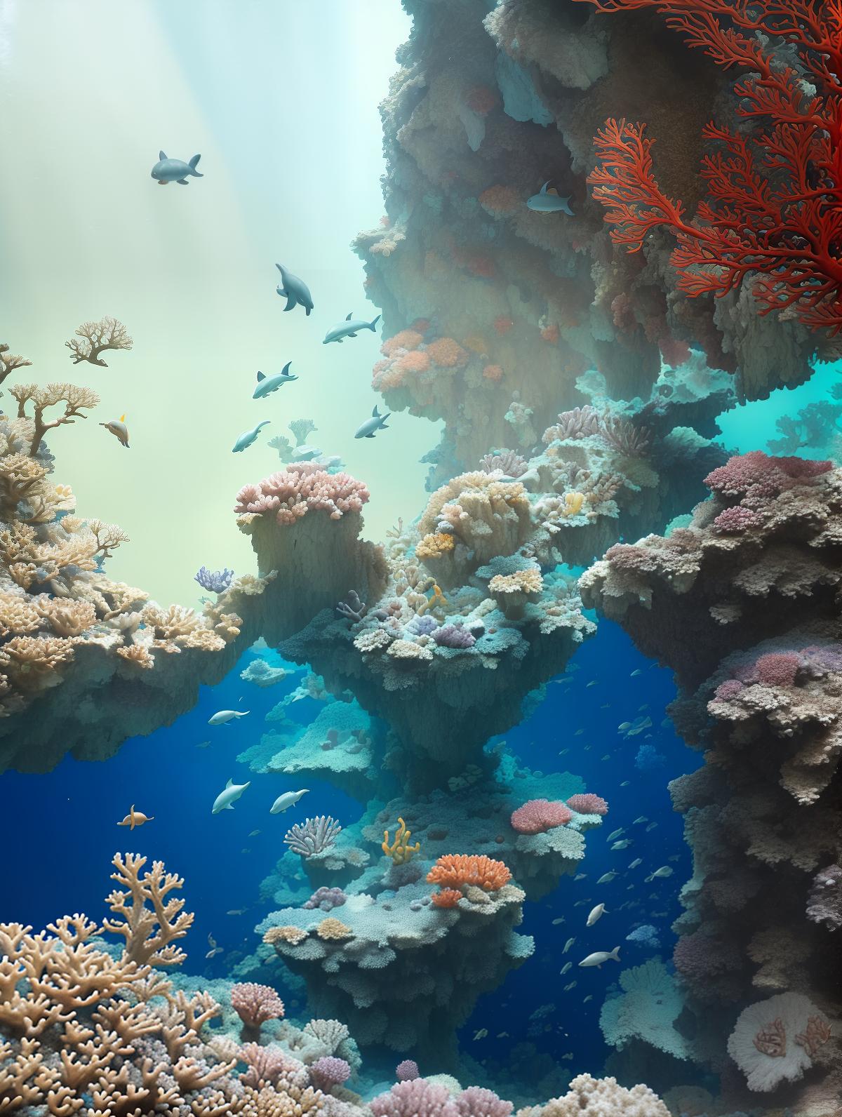  masterpiece, best quality, Most Beautiful in deep sea teeming with vibrant corals, diverse marine life, and enchanting underwater landscapes, full of corals, acrophore, small fishes, anemones, dolphin, various algaes, caves, colorful,all captured in stunning 8k resolution with intricate details.