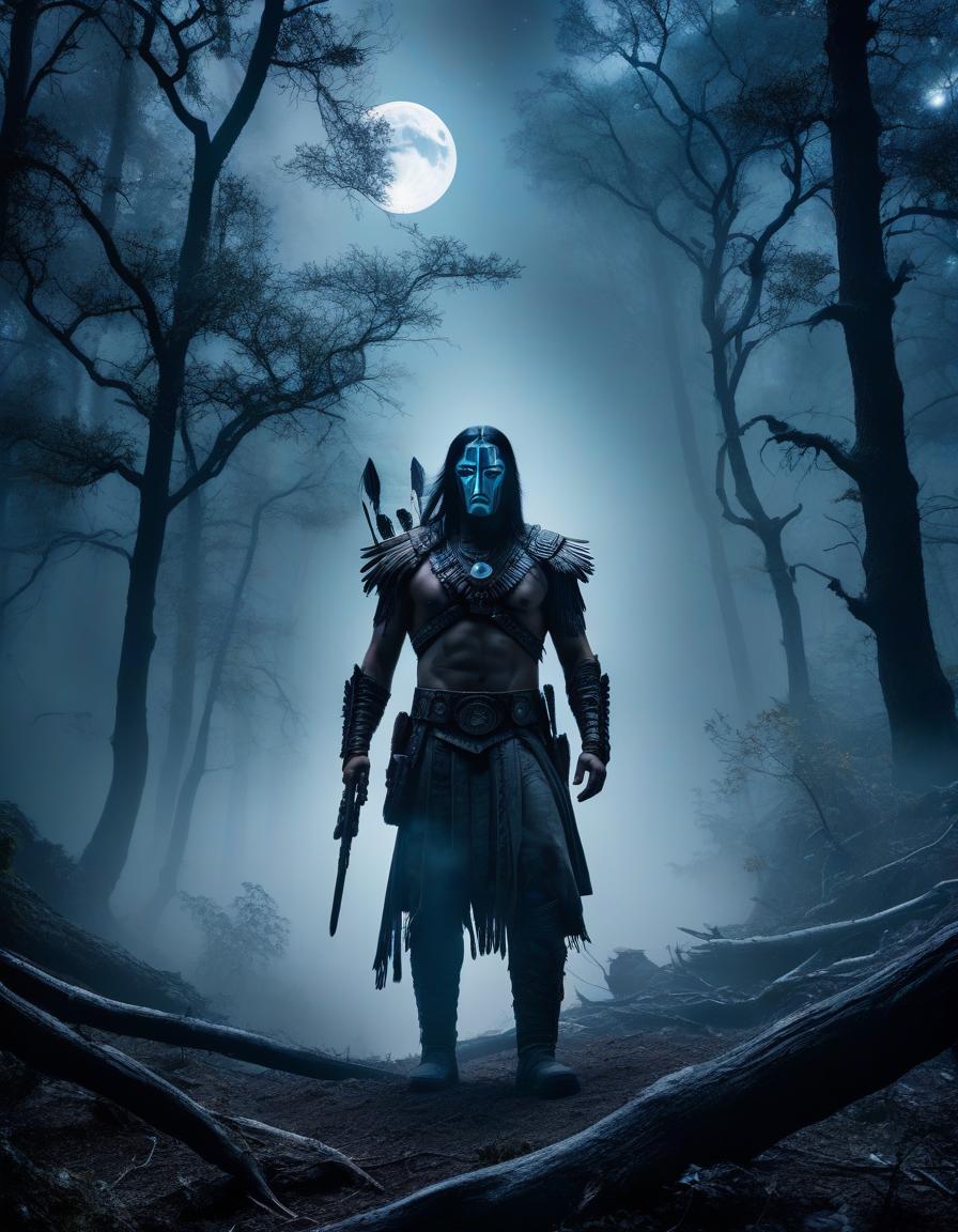  space themed Poster for the film, a Native American warrior with a ghostly mask, surrounded by eerie fog and twisted tree branches, in a dark and misty forest, with a full moon hanging low in the sky, and a sense of impending doom, the inscription at the top "The Spirit's Revenge" cgi, 1024k. . cosmic, celestial, stars, galaxies, nebulas, planets, science fiction, highly detailed hyperrealistic, full body, detailed clothing, highly detailed, cinematic lighting, stunningly beautiful, intricate, sharp focus, f/1. 8, 85mm, (centered image composition), (professionally color graded), ((bright soft diffused light)), volumetric fog, trending on instagram, trending on tumblr, HDR 4K, 8K