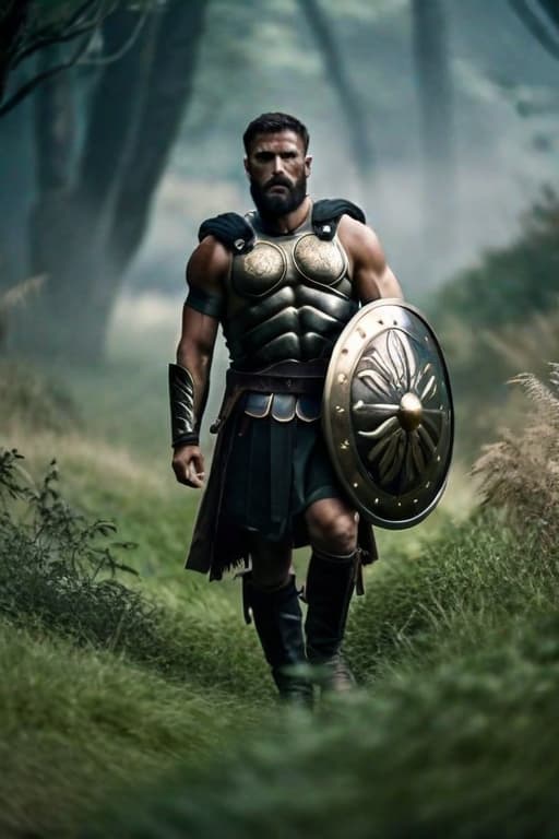  Full View of a Roman Warrior wearing a shield on his back,Overgrown,mystic,ethereal,darkness,muscular,spartan,more impressive beard,extreme detailed and ornamented armor,black armor,gold ornament, atmospheric haze,Film grain,cinematic film still,shallow depth of field,highly detailed,high budget,cinemascope,moody,epic,OverallDetail,2000s vintage RAW photo,photorealistic,candid camera,color graded cinematic,eye catchlights,atmospheric lighting,imperfections,natural,shallow dof,dynamic angle,full body,<lora:RMSDXL Darkness Cinema:0.8>,<lora:RMSDXL Enhance:0.8>,, high resolution,extreme detail hyperrealistic, full body, detailed clothing, highly detailed, cinematic lighting, stunningly beautiful, intricate, sharp focus, f/1. 8, 85mm, (centered image composition), (professionally color graded), ((bright soft diffused light)), volumetric fog, trending on instagram, trending on tumblr, HDR 4K, 8K