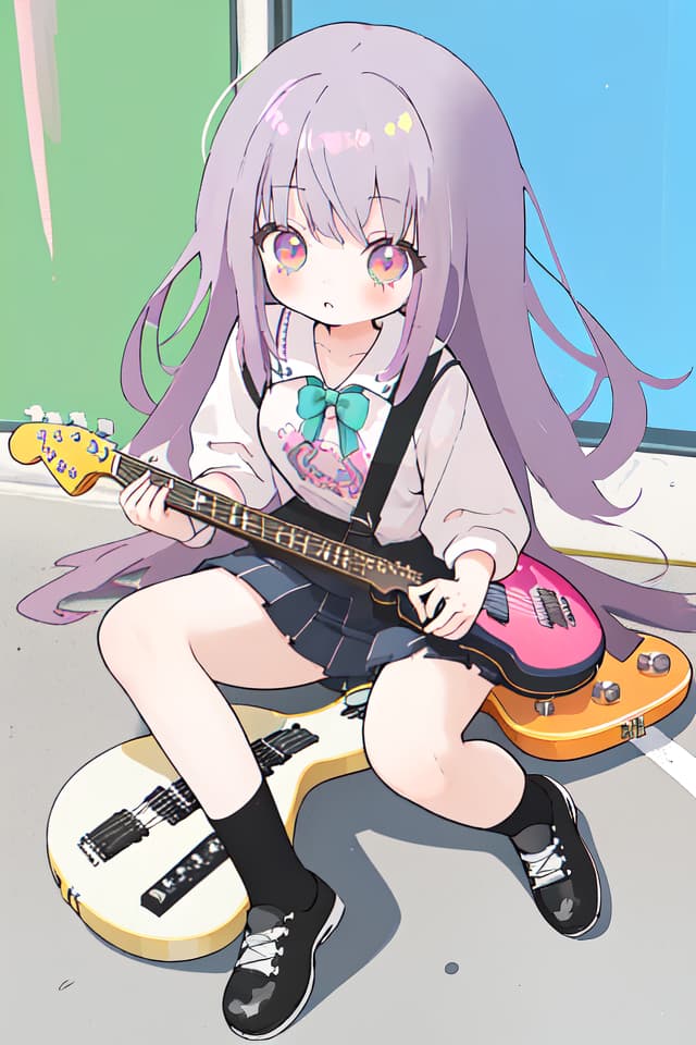  High school girl, mini character, cute, electric guitar, long hair, hanging, sitting on the ground, put an electric guitar on the knee, cross hand