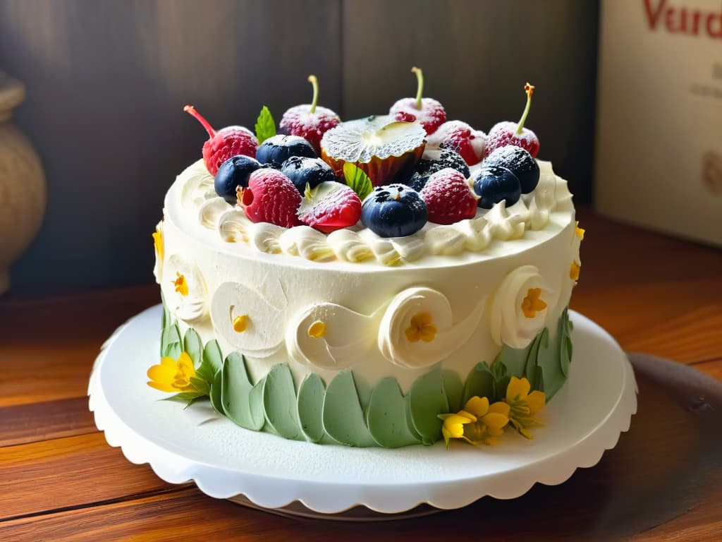  A closeup, photorealistic image of a beautifully decorated glutenfree cake, topped with fresh berries and edible flowers. The cake is displayed on a rustic wooden table, with soft natural lighting highlighting its intricate details and vibrant colors. Each layer is perfectly frosted, showcasing different textures and shades, making it an enticing and visually appealing dessert. hyperrealistic, full body, detailed clothing, highly detailed, cinematic lighting, stunningly beautiful, intricate, sharp focus, f/1. 8, 85mm, (centered image composition), (professionally color graded), ((bright soft diffused light)), volumetric fog, trending on instagram, trending on tumblr, HDR 4K, 8K