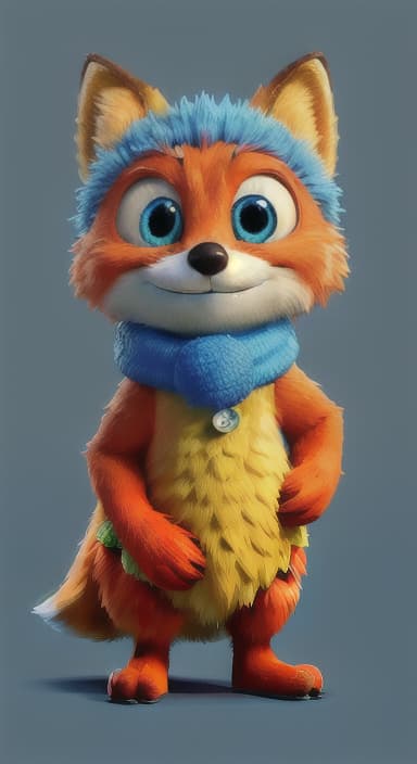  {Error the fox pressing the blue button with his paw, looking puzzled as nothing occurs., Error is a small, bright orange fox with a fluffy tail and big, inquisitive eyes. He has a mischievous yet kind expression and wears a tiny green scarf.