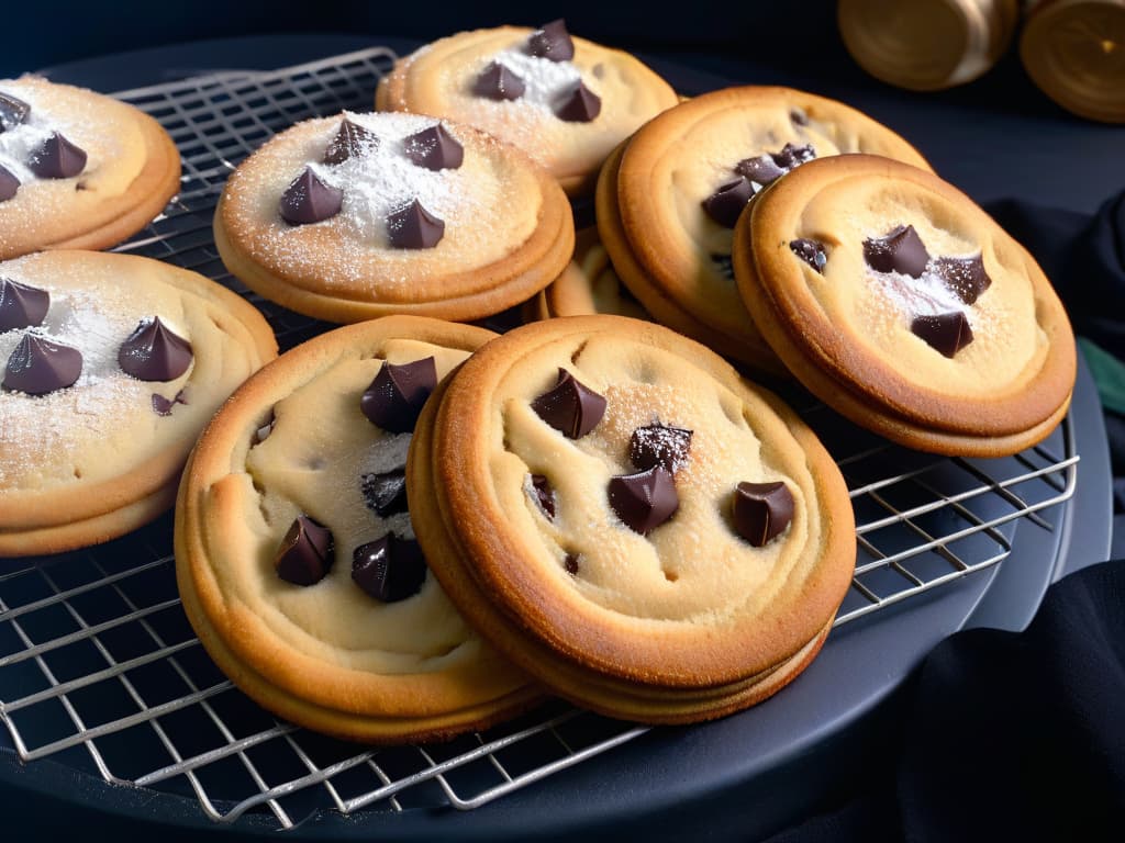  A closeup, ultradetailed image of perfectly baked chocolate chip cookies arranged neatly on a wire cooling rack, showcasing the goldenbrown edges, gooey chocolate chips, and a sprinkle of sea salt on top. The cookies are set against a matte black backdrop, emphasizing their warm, inviting colors and enticing texture. hyperrealistic, full body, detailed clothing, highly detailed, cinematic lighting, stunningly beautiful, intricate, sharp focus, f/1. 8, 85mm, (centered image composition), (professionally color graded), ((bright soft diffused light)), volumetric fog, trending on instagram, trending on tumblr, HDR 4K, 8K