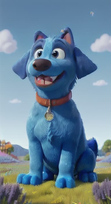  {A happy, big blue dog wagging its tail in a colorful meadow, The big blue dog is large with sky blue fur, big round eyes, a black nose, and floppy ears.