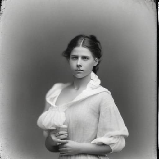 portrait+ style A portrait photo from the 1890s featuring a young woman👙holding a 🥒 in the style of jock sturges and David hamilton, The quality of the photo is consistent with 1890s cameras. The photo has yellowed over time, it has scratches and tears on its edges.