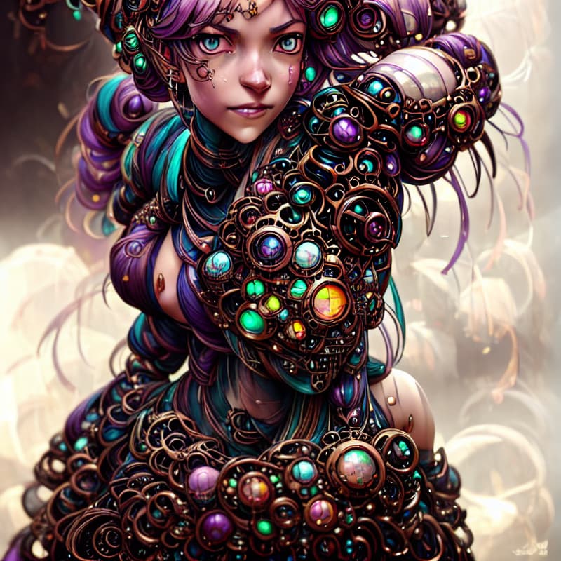 a photo of ddfusion style Artwork of a girl, pastel purple hair, green eyes. full body realistic, wearing black steampunk outfits, wearing black spiked bracelets, choker, village background, elegant, hyper realistic, hyperrealistic, full body, detailed clothing, highly detailed, cinematic lighting, stunningly beautiful, intricate, sharp focus, f/1. 8, 85mm, (centered image composition), (professionally color graded), ((bright soft diffused light)), volumetric fog, trending on instagram, trending on tumblr, HDR 4K, 8K